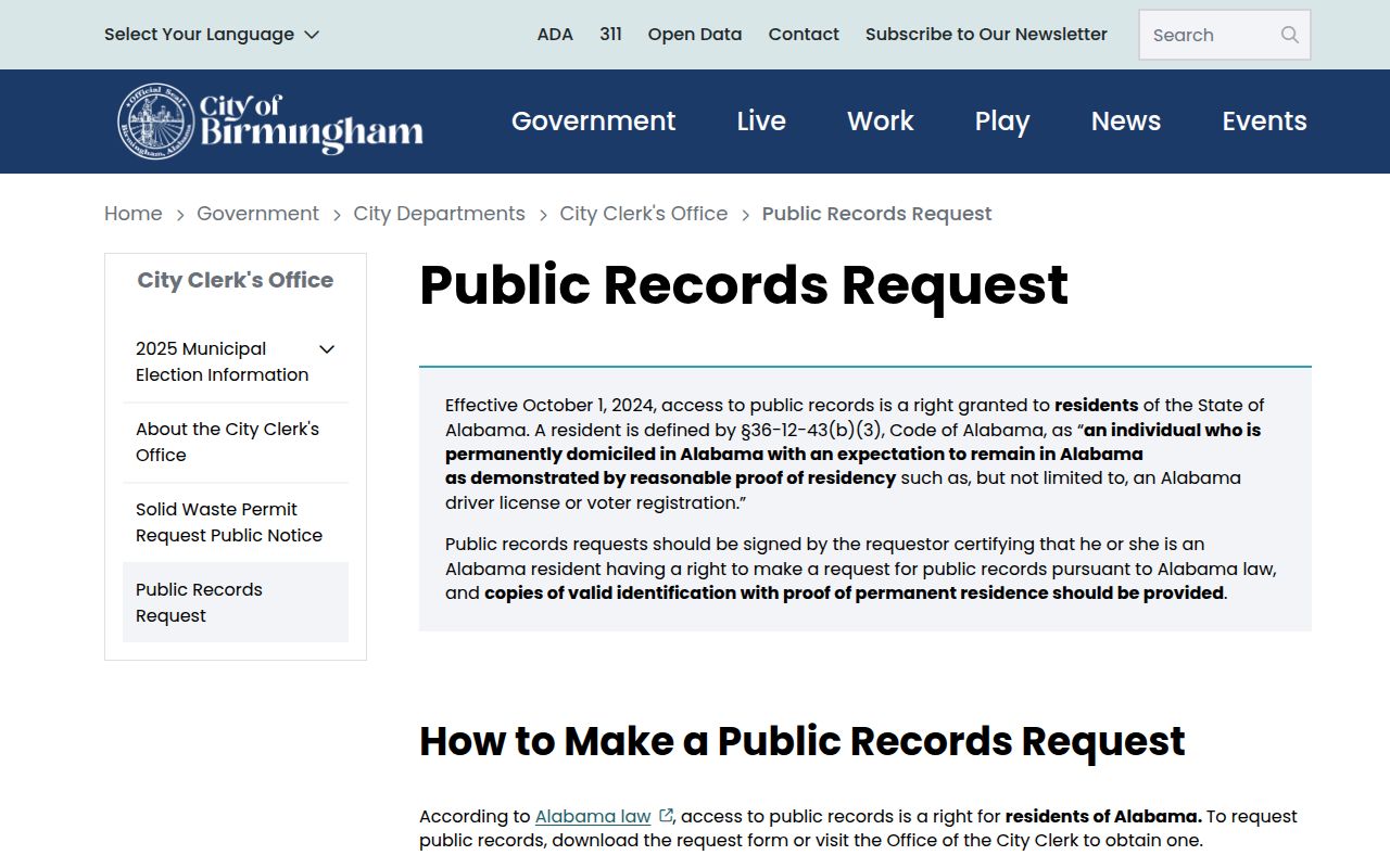 Birmingham public records request page