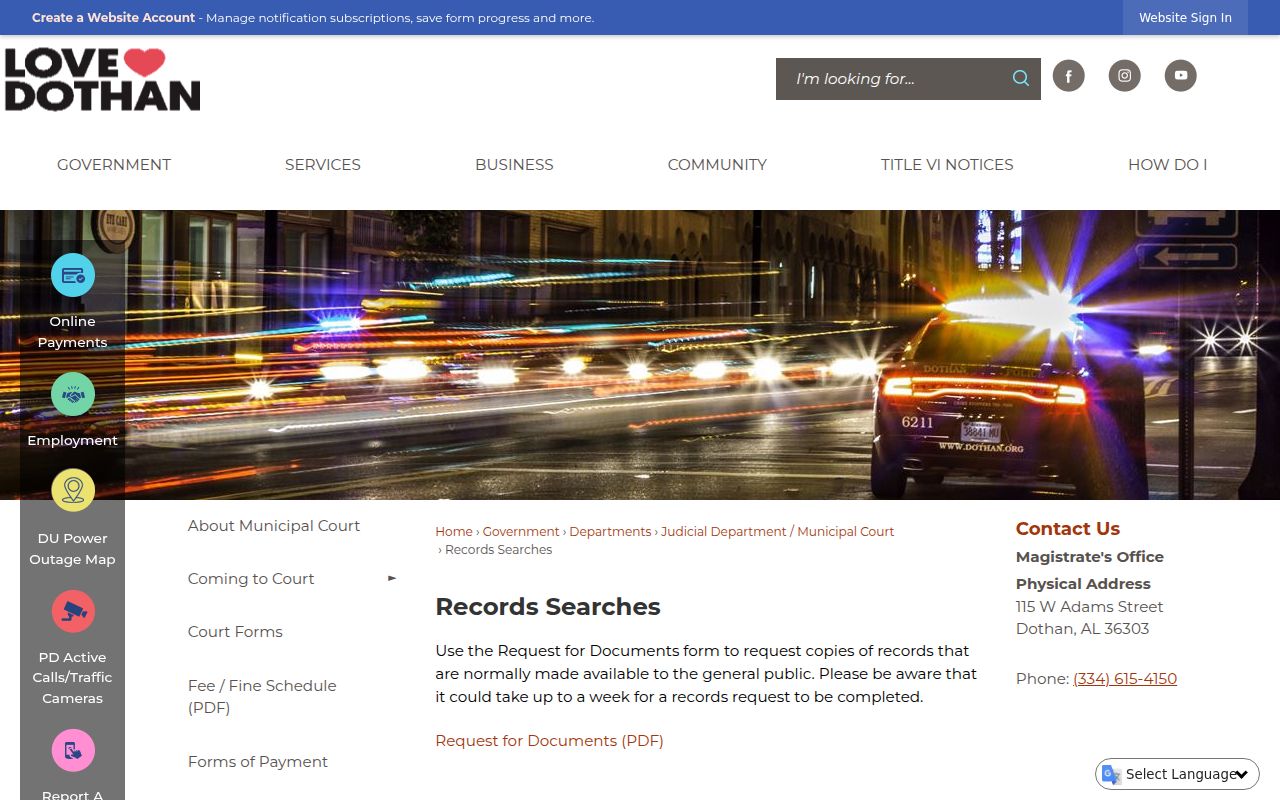 Dothan city website records searches page