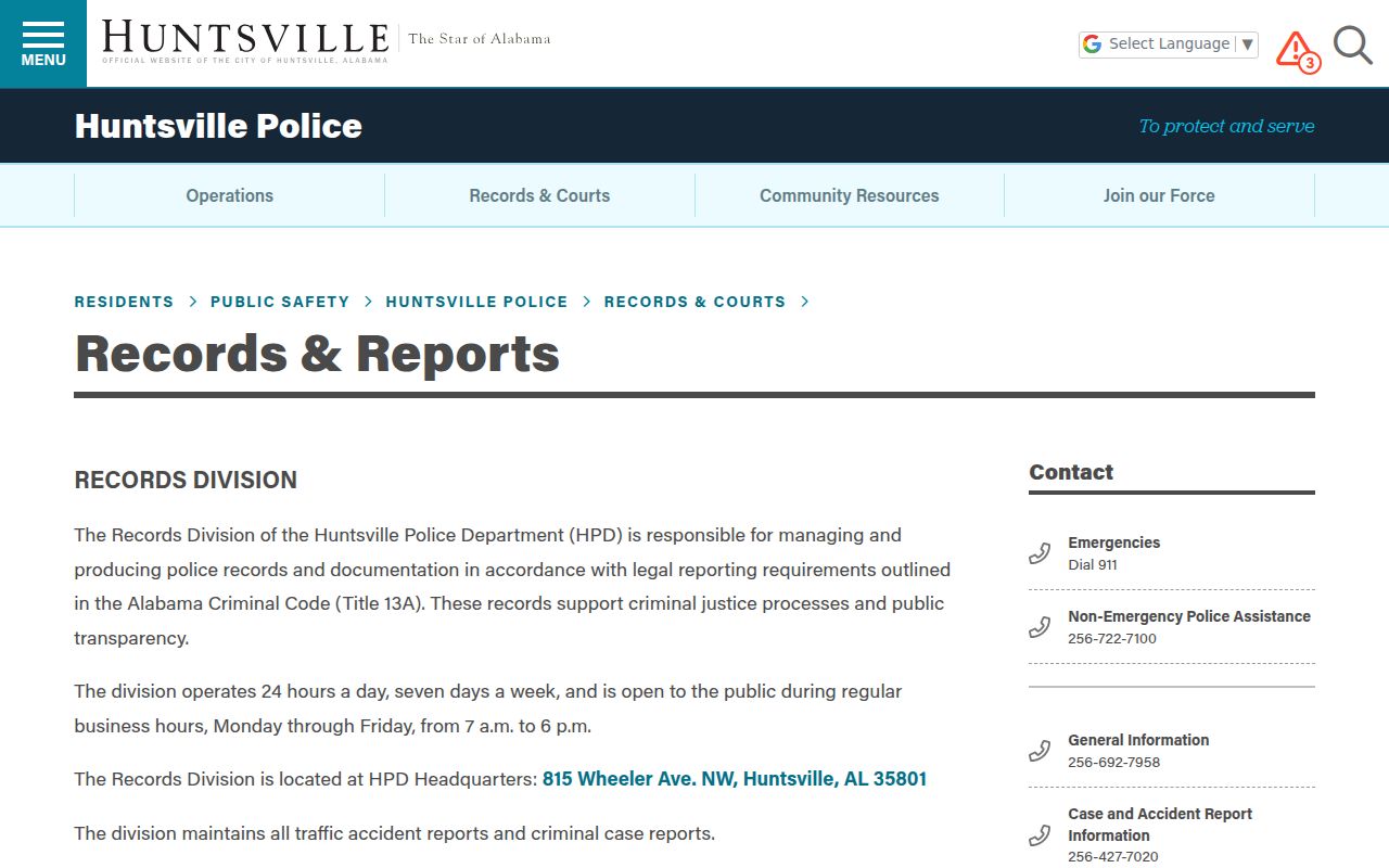 Huntsville Police Department records request page