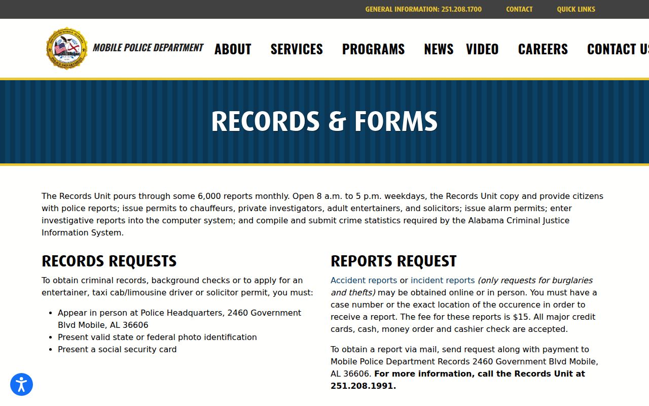Mobile Police Department records and forms page