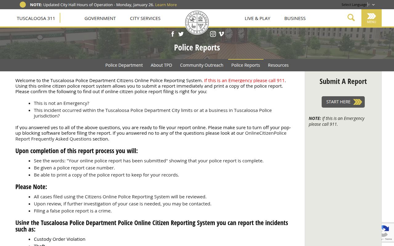 Tuscaloosa Police Department reports page