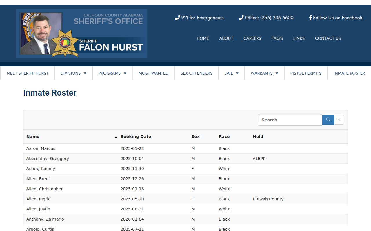 Calhoun County inmate roster search page