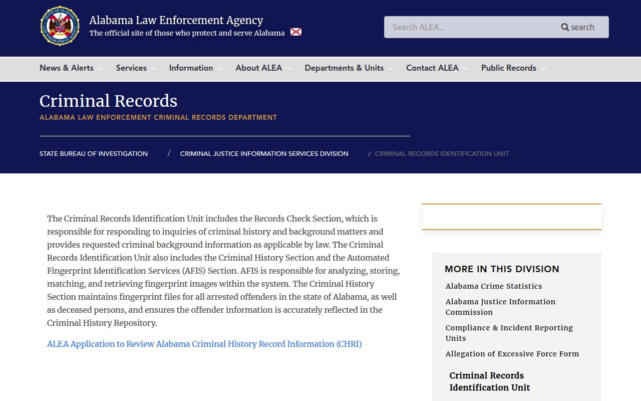 Alabama Law Enforcement Agency criminal records page