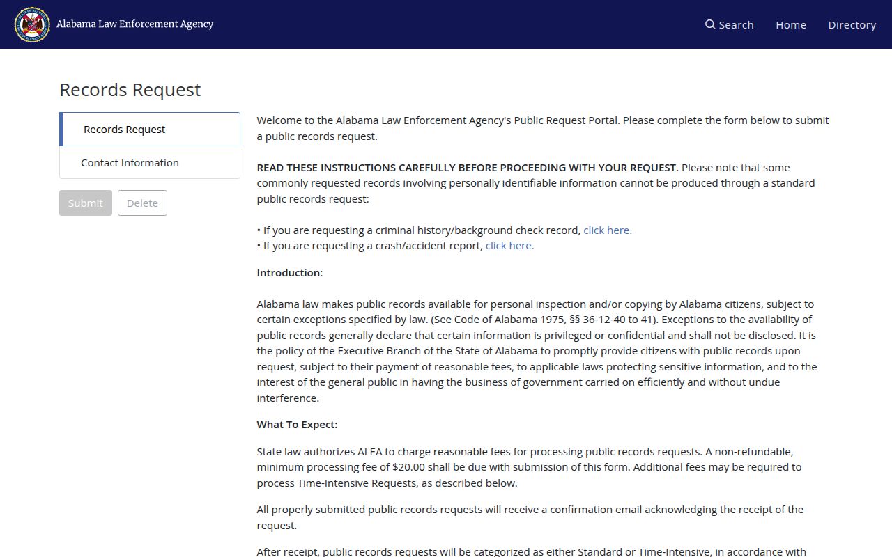 ALEA online records request portal
