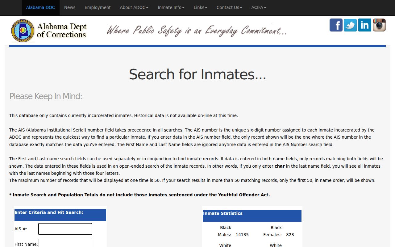 Alabama Department of Corrections inmate search page